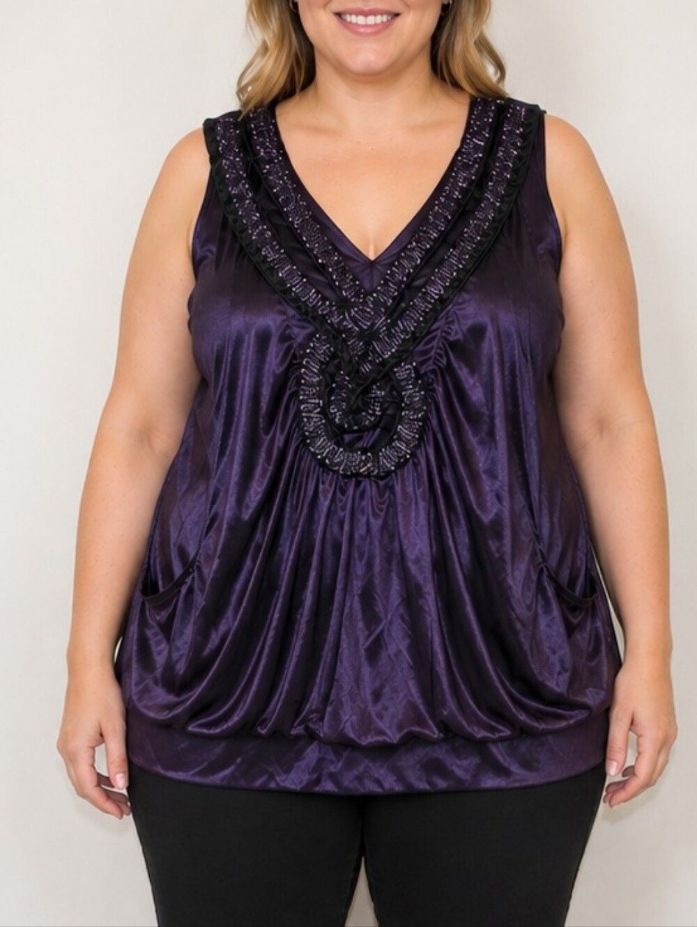 Ricki’s L/G Eggplant Purple Satin Embellished Tunic Top